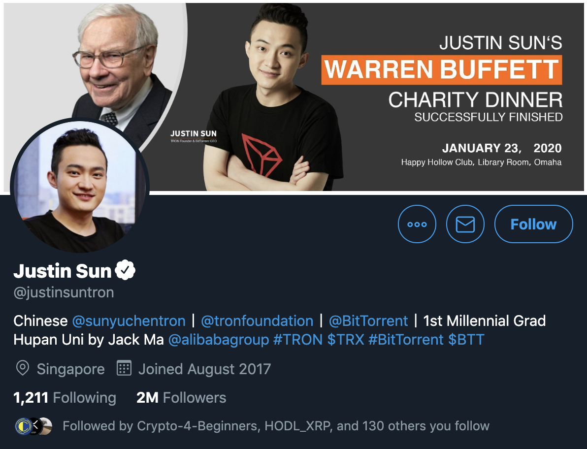 Justin Sun's Twitter profile